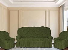 Еврочехлы стрейч на диван и кресла Жаккардовые с оборкой цвет  KAR 012-09 Yesil 628/311.009