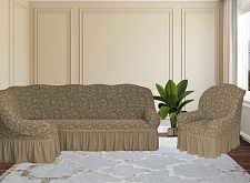 Еврочехлы стрейч на угловой диван и кресло Жаккардовые с оборкой цвет KAR 013-03 Bej арт. 662/401.003