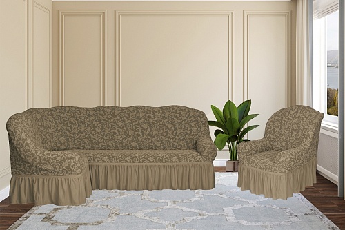Еврочехлы стрейч на угловой диван и кресло Жаккардовые с оборкой цвет KAR 013-03 Bej арт. 662/401.003