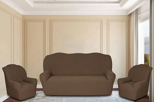 Еврочехлы стрейч на диван и кресла Жаккардовые Б/О цвет KAR 011-05 A.Kahve арт.  637/311.005