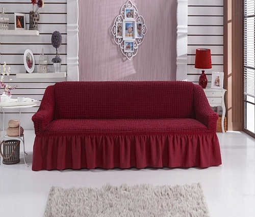 Чехол стрейч на 3-х местный диван с оборкой Цвет Бордовый арт. 246/110.221