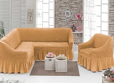 Чехлы стрейч  на угловой диван и кресло с оборкой Цвет Медовый арт. 230/401.203