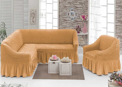 Чехлы стрейч  на угловой диван и кресло с оборкой Цвет Медовый арт. 230/401.203