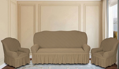 Еврочехлы стрейч на диван и кресла Жаккардовые С/О цвет KAR 011-03 Bej арт.627/311.003