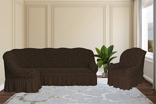 Еврочехлы стрейч на угловой диван и кресло Жаккардовые с оборкой цвет KAR 013-07 Kahve арт. 662/401.007