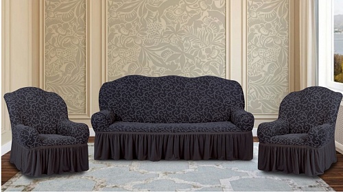 Еврочехлы стрейч на диван и кресла Жаккардовые с оборкой цвет KAR 009-04 Gri 535/311.004