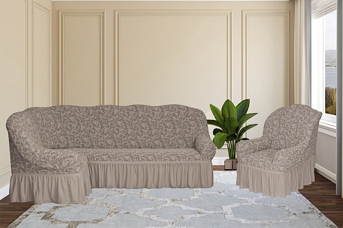 Еврочехлы стрейч на угловой диван и кресло Жаккардовые с оборкой цвет KAR 013-06 Tas арт. 662/401.006