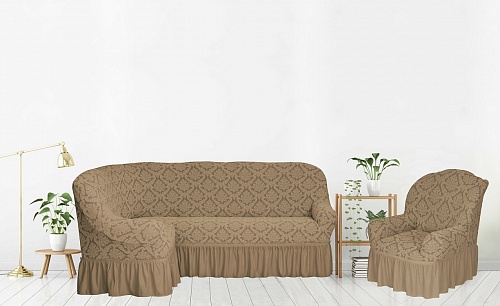 Еврочехлы стрейч на угловой диван и кресло Жаккардовые с оборкой цвет KAR 012-03 Bej арт. 661/401.003