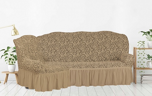 Чехол стрейч на угловой диван Жаккардовые с оборкой цвет KAR 014-01.Bej арт. 653/400.001