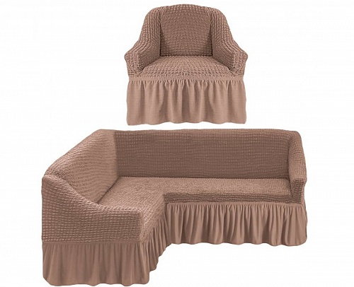 Чехлы стрейч на угловой диван и кресло с оборкой Цвет Капучино арт. 230/401.211
