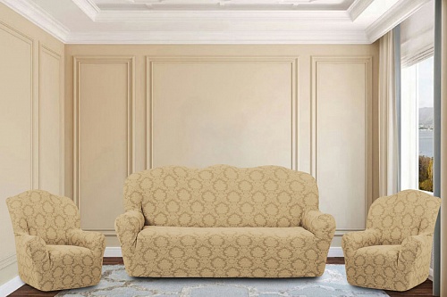 Еврочехлы стрейч на диван и кресла Жаккардовые без оборки цвет Св-бежевый арт. 510/311.012