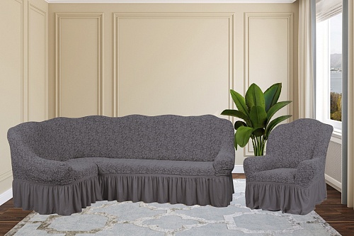 Еврочехлы стрейч на угловой диван и кресло Жаккардовые с оборкой цвет KAR 002-04 Gri арт. 655/401.004