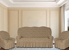 Еврочехлы стрейч на диван и кресла Жаккардовые С/О цвет KAR 012-03 Bej арт. 628/311.003