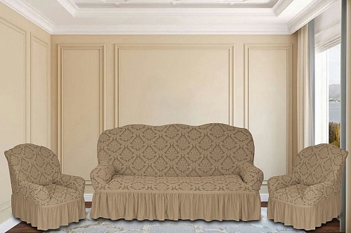 Еврочехлы стрейч на диван и кресла Жаккардовые С/О цвет KAR 012-03 Bej арт. 628/311.003