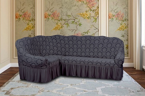 Чехол стрейч на угловой диван Жаккардовые с оборкой цвет KAR 007-04 Gri арт. 646/400.004