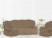Еврочехлы стрейч на угловой диван и кресло Жаккардовые с оборкой цвет KAR 014-01 Сapicino арт. 663/401.001