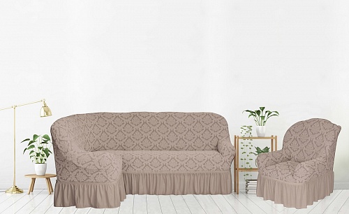 Еврочехлы стрейч на угловой диван и кресло Жаккардовые с оборкой цвет KAR 012-06 Tas арт. 661/401.006
